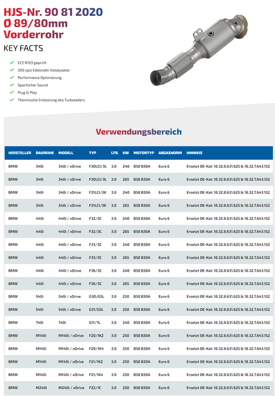 HJS ECE Downpipes mit 300 Zellen Kats für BMW B58 vor OPF für BMW M140i F20/F21 / M240i F22/F23 - mit Zulassung - 90812020